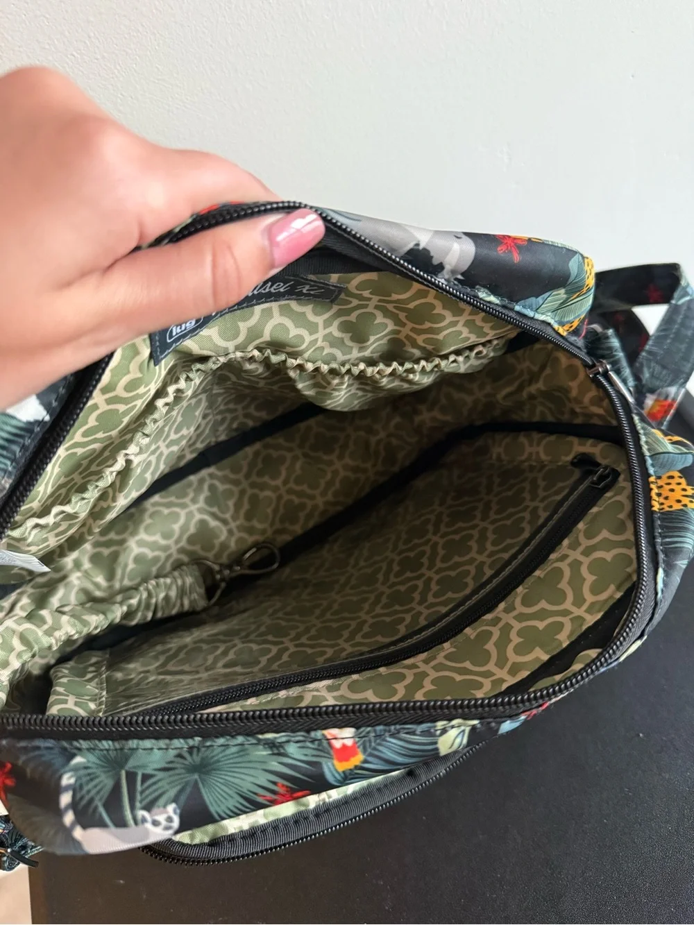 lug Quilted Crossbody Bag in Black with Green and Red Tropical Print